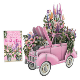 3D Pop Up wenskaart - The Pink Flower Wedding Car